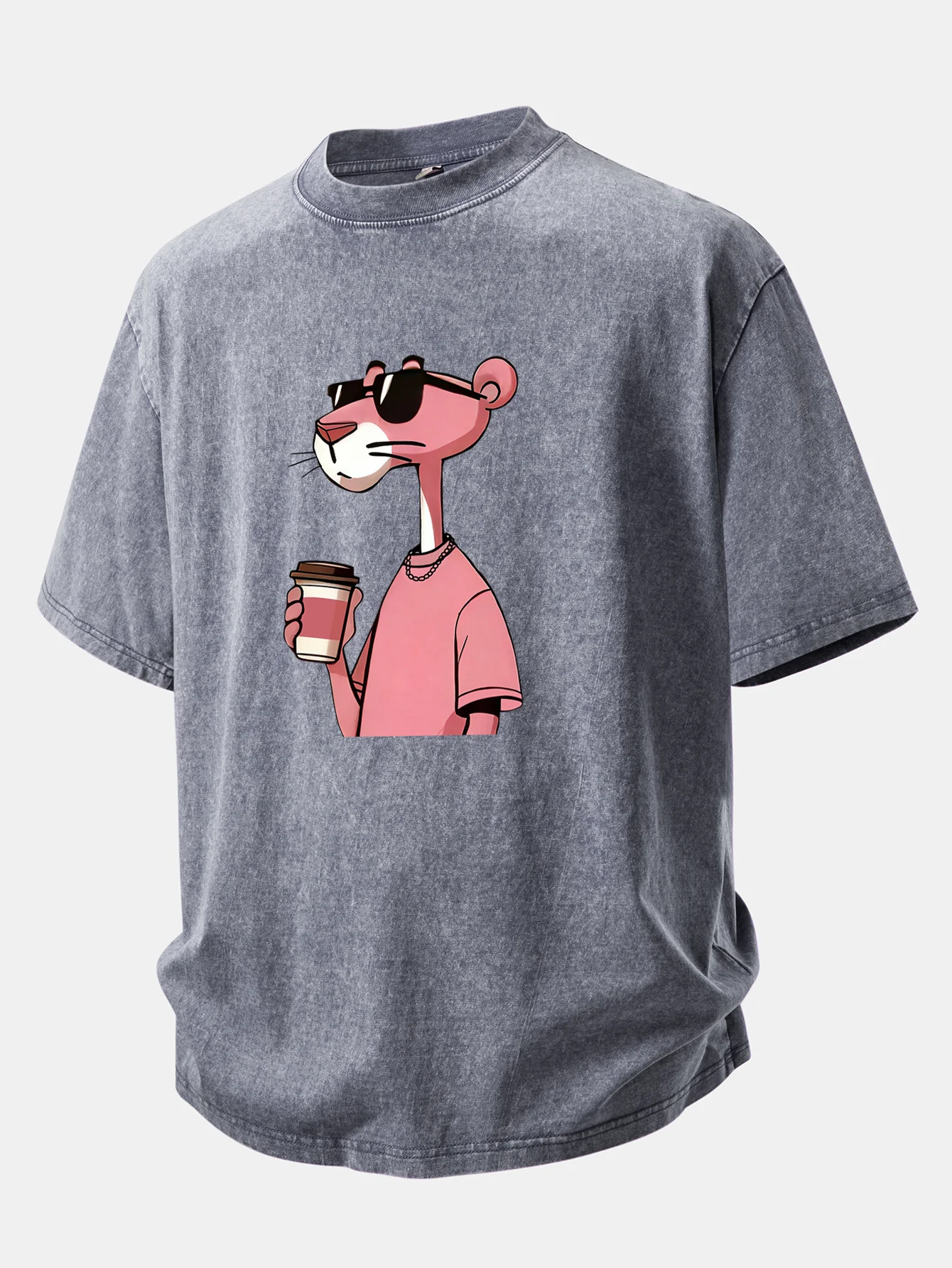 Pink Panther Drinking Coffee Print Washed Distressed Drop Shoulder T-Shirt - Image 4