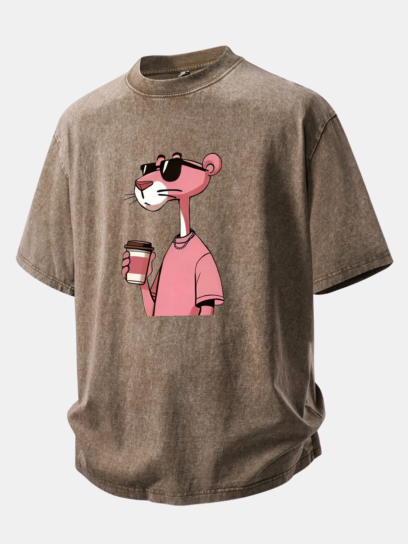 Pink Panther Drinking Coffee Print Washed Distressed Drop Shoulder T-Shirt - Image 6