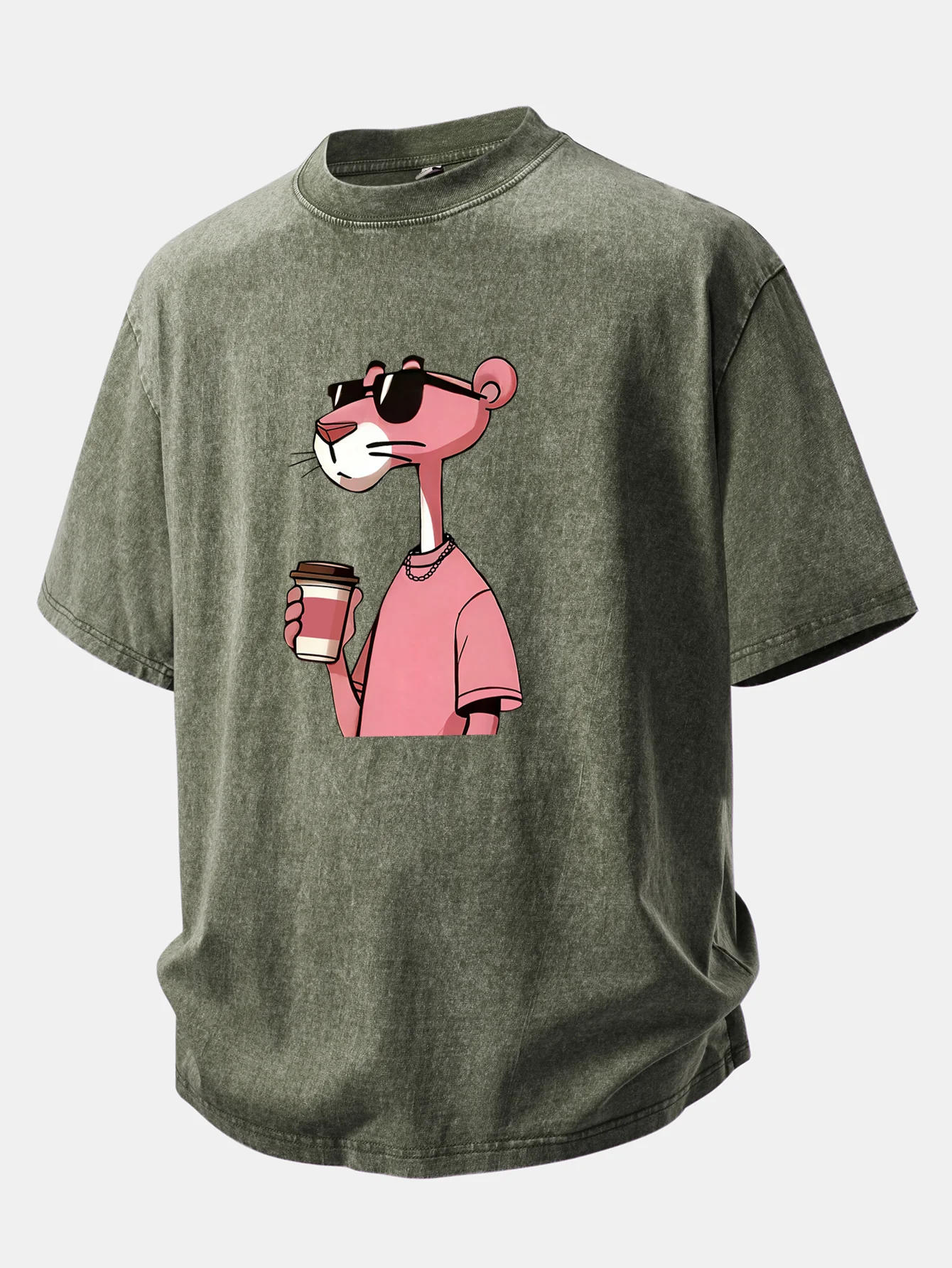 Pink Panther Drinking Coffee Print Washed Distressed Drop Shoulder T-Shirt - Image 7