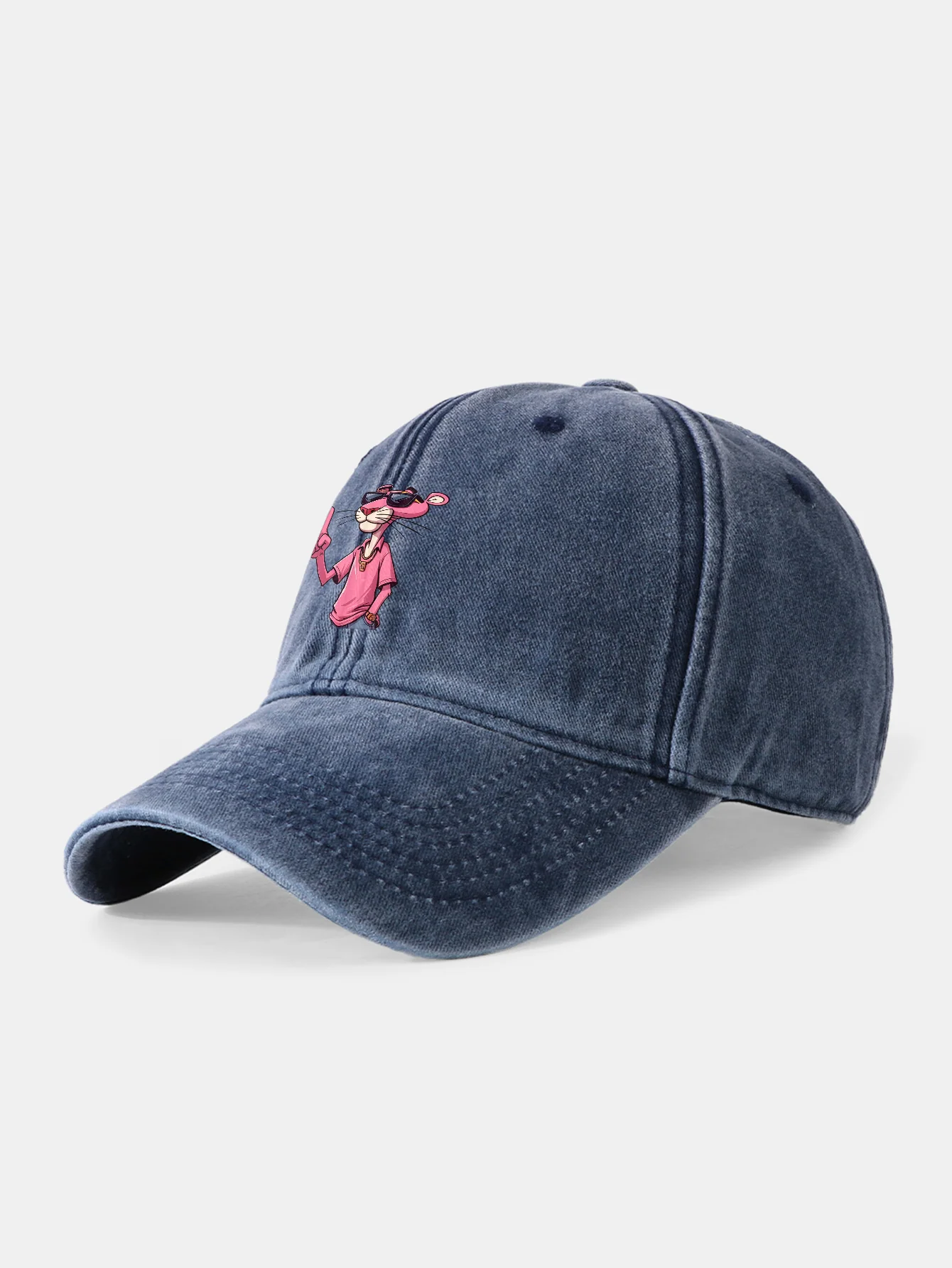 Pink Panther With V Sign Print Washed Baseball Cap - Image 3