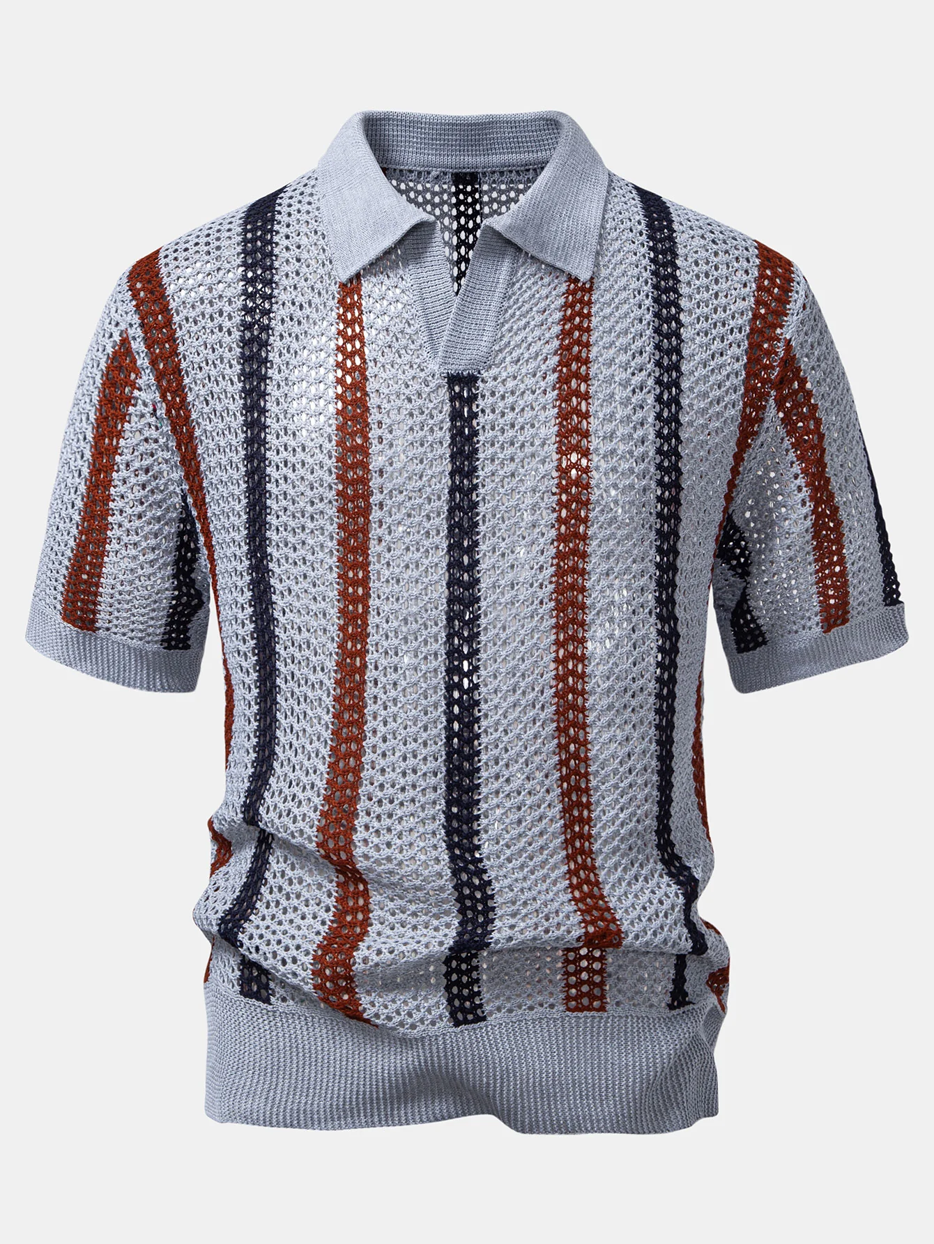 Striped Crochet V Neck Polo & Crinkle Textured Drawstring 5" Shorts - Image 11