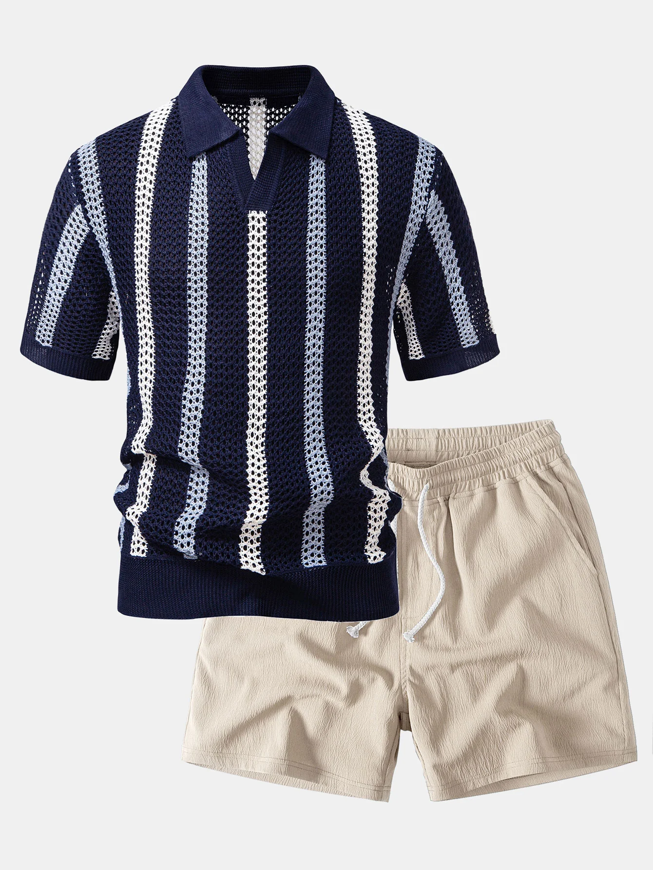 Striped Crochet V Neck Polo & Crinkle Textured Drawstring 5" Shorts - Image 2
