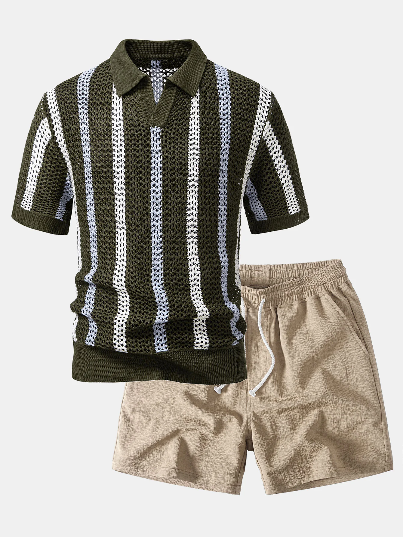 Striped Crochet V Neck Polo & Crinkle Textured Drawstring 5" Shorts - Image 3
