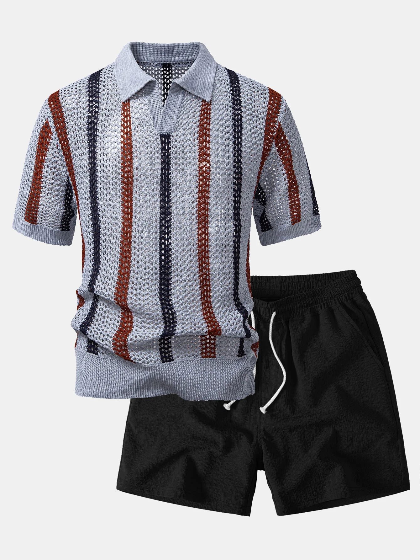 Striped Crochet V Neck Polo & Crinkle Textured Drawstring 5" Shorts - Image 4