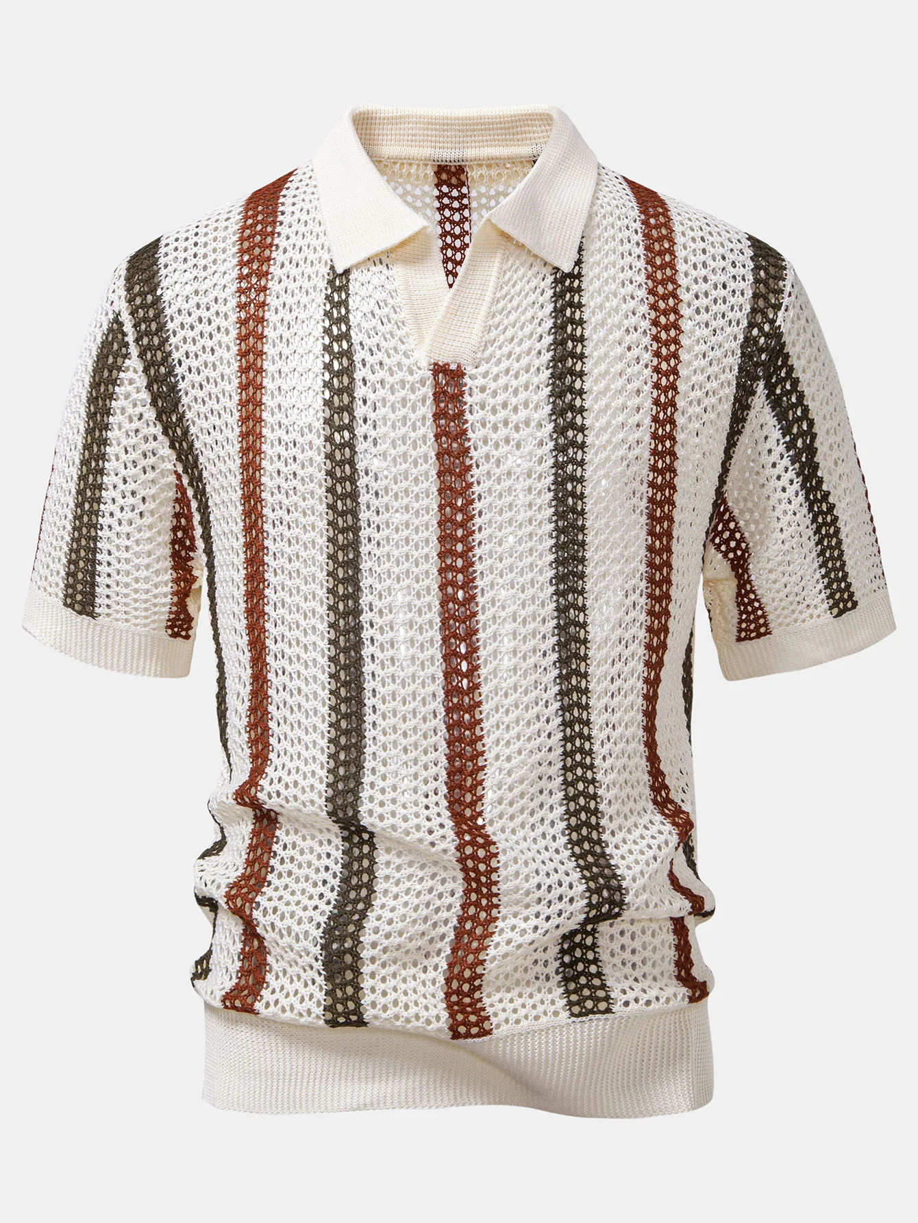 Striped Crochet V Neck Polo & Crinkle Textured Drawstring 5" Shorts - Image 5