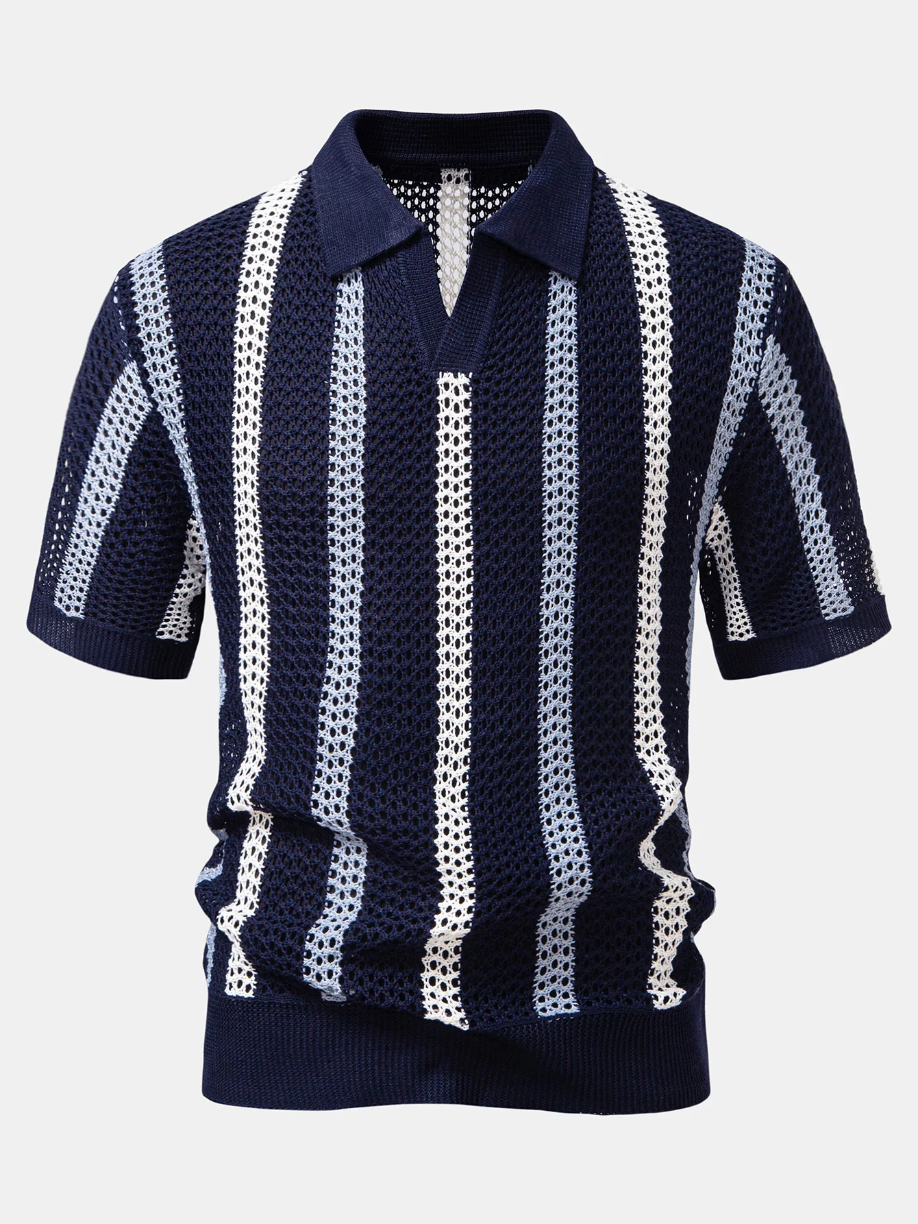 Striped Crochet V Neck Polo & Crinkle Textured Drawstring 5" Shorts - Image 7
