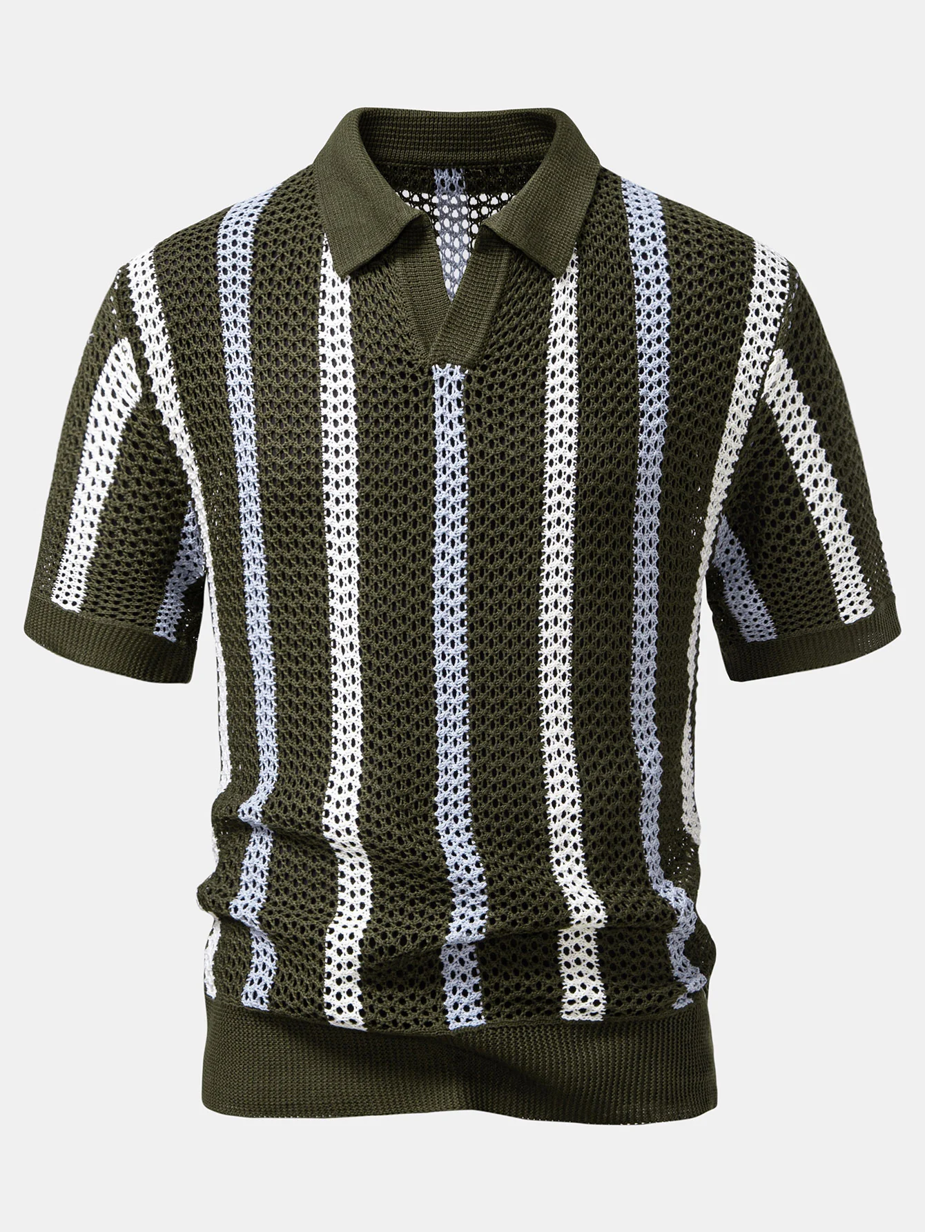 Striped Crochet V Neck Polo & Crinkle Textured Drawstring 5" Shorts - Image 9